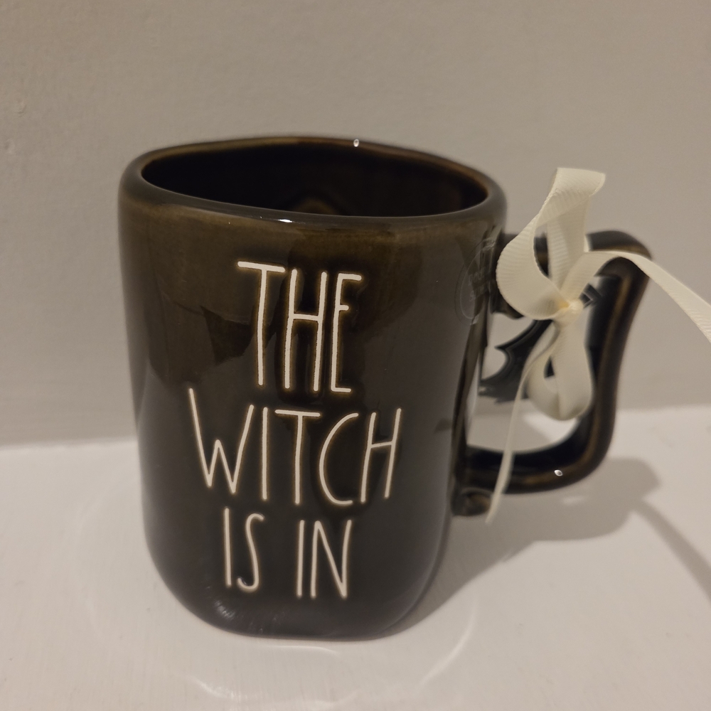 Rae Dunn The Witch Is In Halloween Coffee Mug With Cat On Reverse.